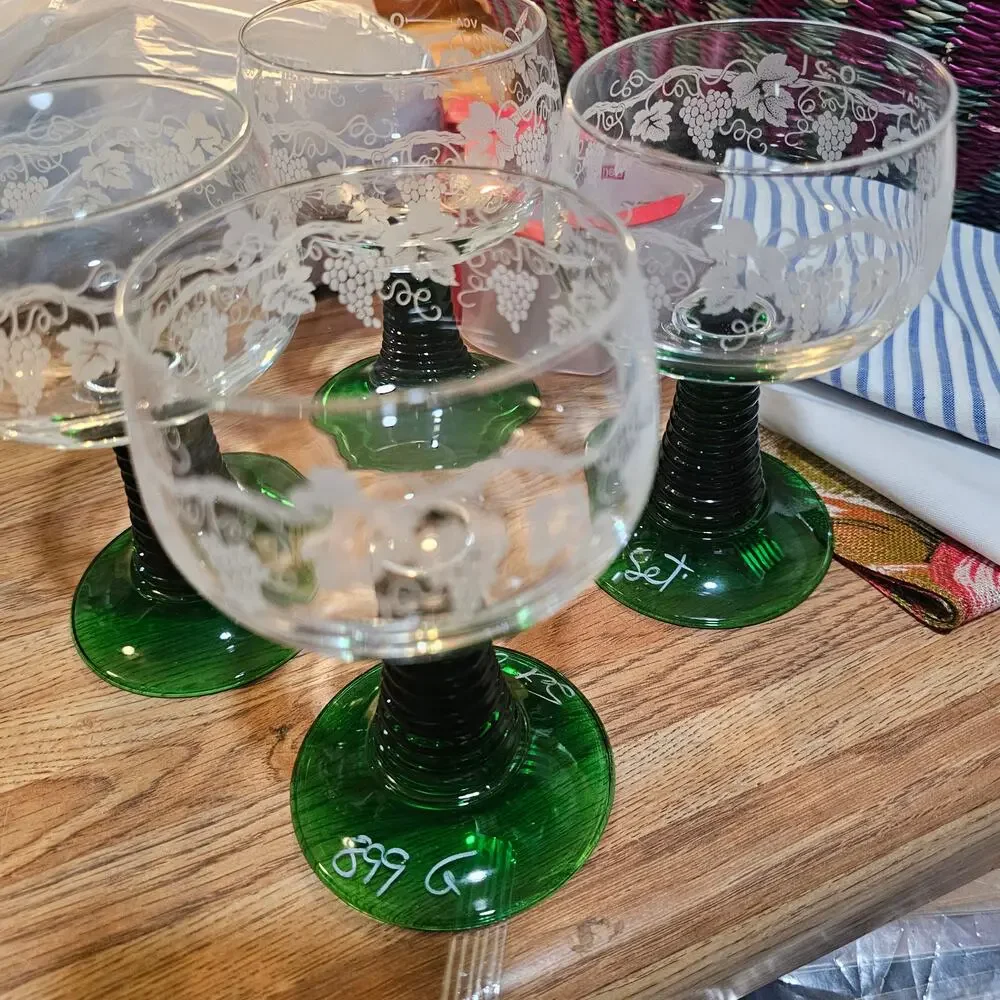 Mid Century Luminarc Etched Grape Roemer Wine Glass Set